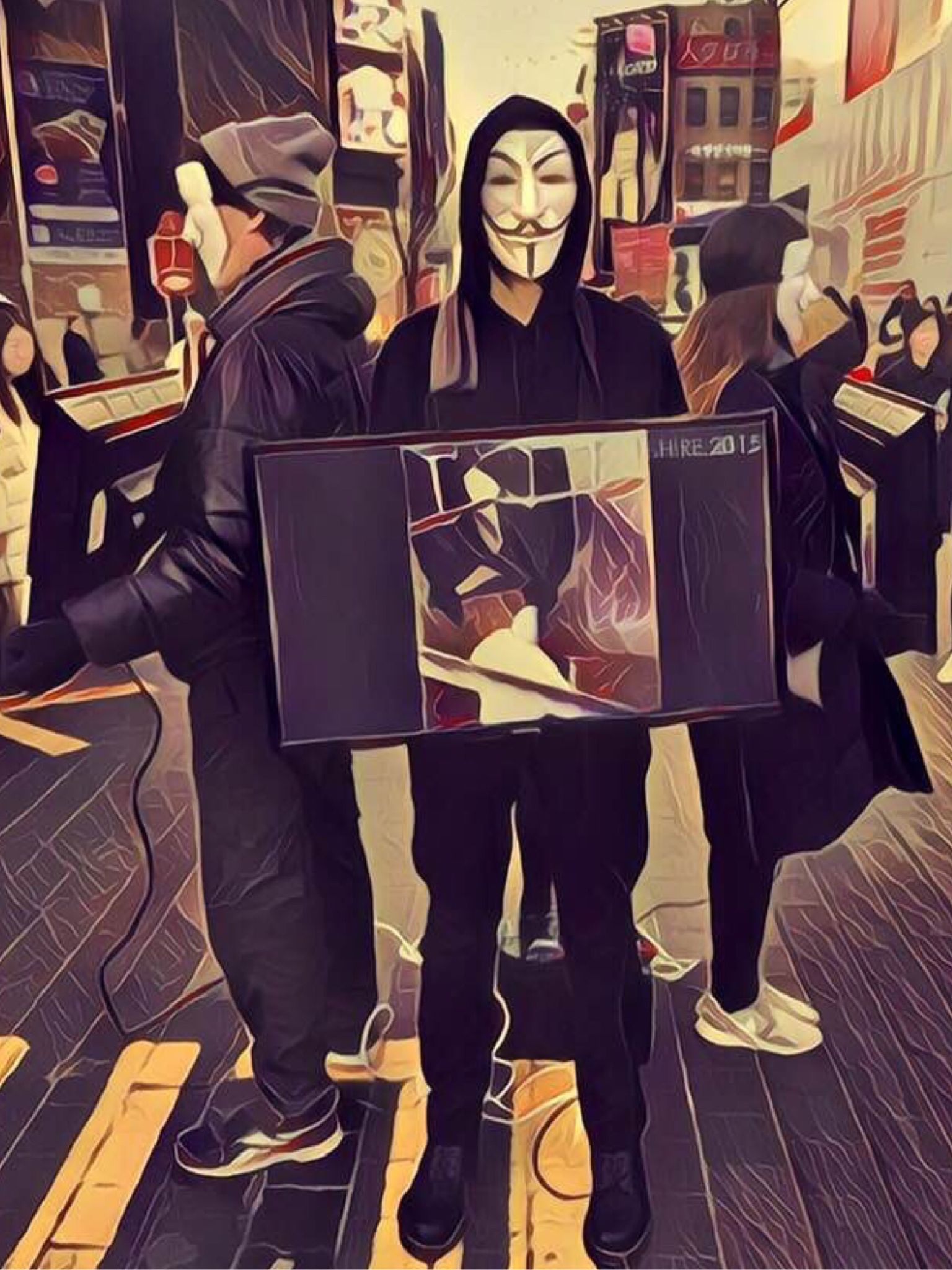 Vegan activists in Guy Fawkes masks display footage on laptops in Myeong-dong, Seoul, in this slightly blurry filtered image.