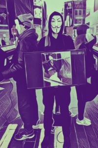 Masked activists in Seoul display graphic footage from the animal agriculture industry in this AI-enhanced picture