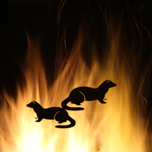 Two mink silhouettes against a fiery background