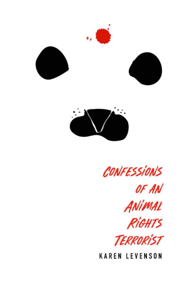 Cover of Karen Levenson's book "Confessions of an Animal Rights Terrorist," featuring a stylized baby seal with a red splotch on their forehead